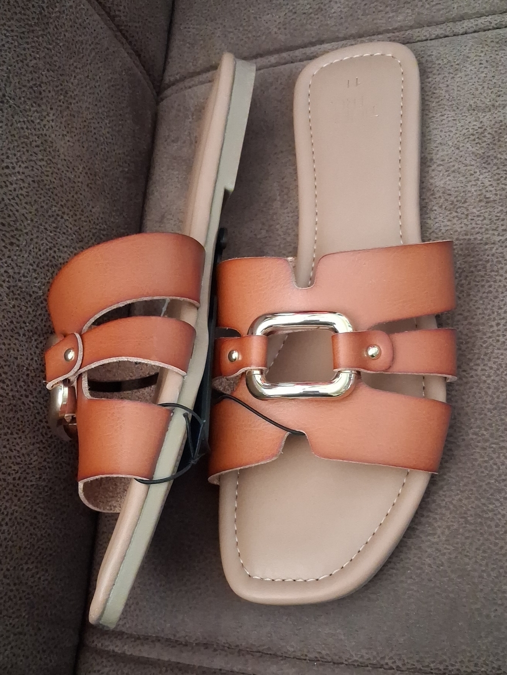 Time And Tru Women's Brown Embellished Slide Sandals with Gold Buckle Size 11
